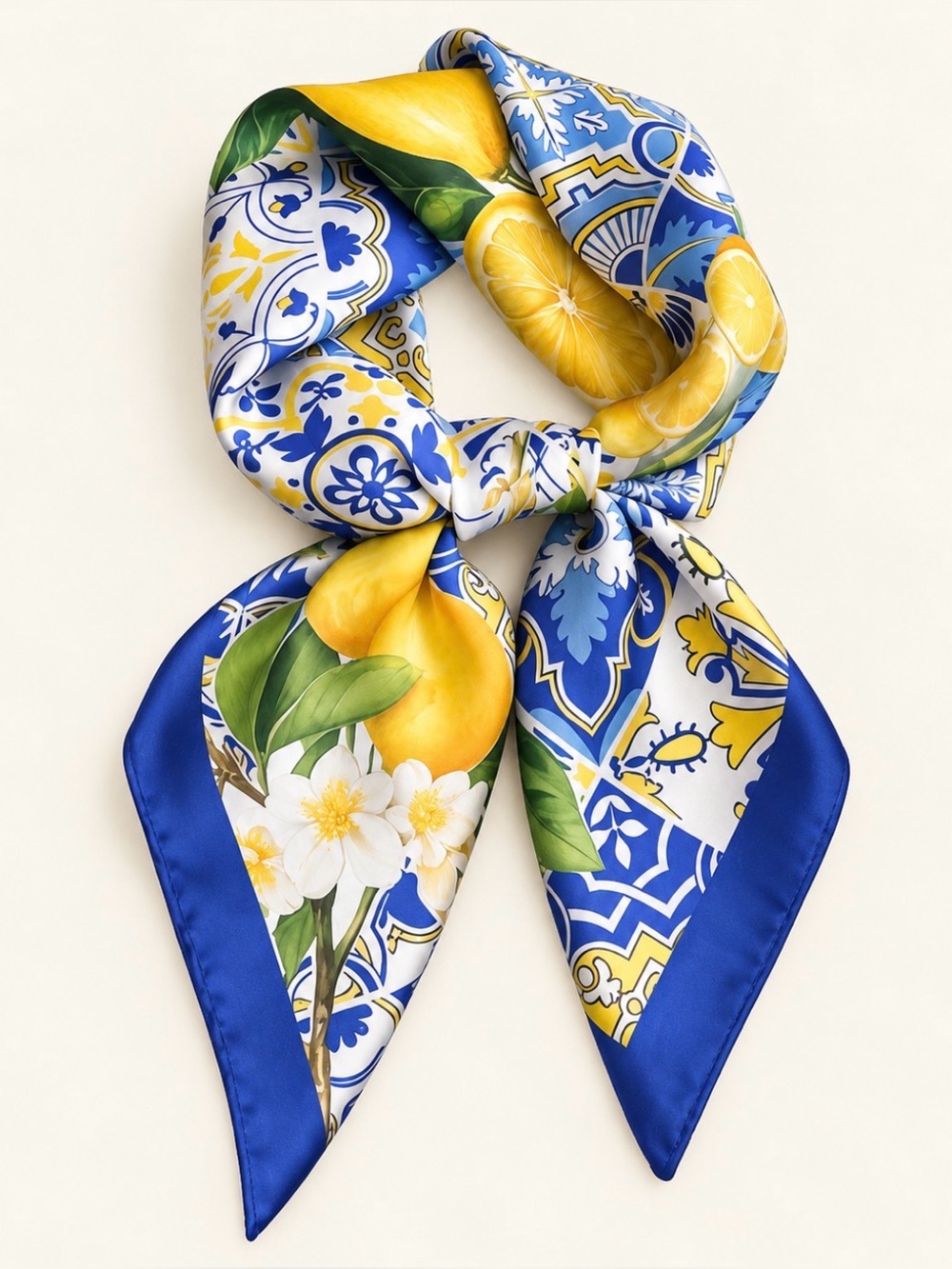 Silk Lemon Tile Print Scarf - Blue & Yellow